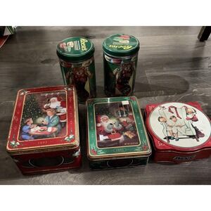 Five Vintage Christmas Holiday Tins Cookie Candy Containers